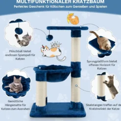 Mehrstöckiger Kratzbaum Weich Umwickelter Katzenbaum mit Gemütlicher Hängematte Blau
