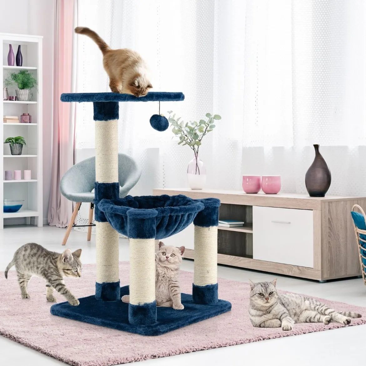 Mehrstöckiger Kratzbaum Weich Umwickelter Katzenbaum mit Gemütlicher Hängematte Blau