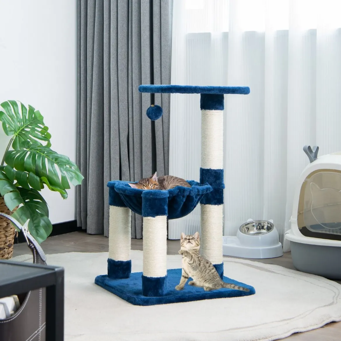 Mehrstöckiger Kratzbaum Weich Umwickelter Katzenbaum mit Gemütlicher Hängematte Blau