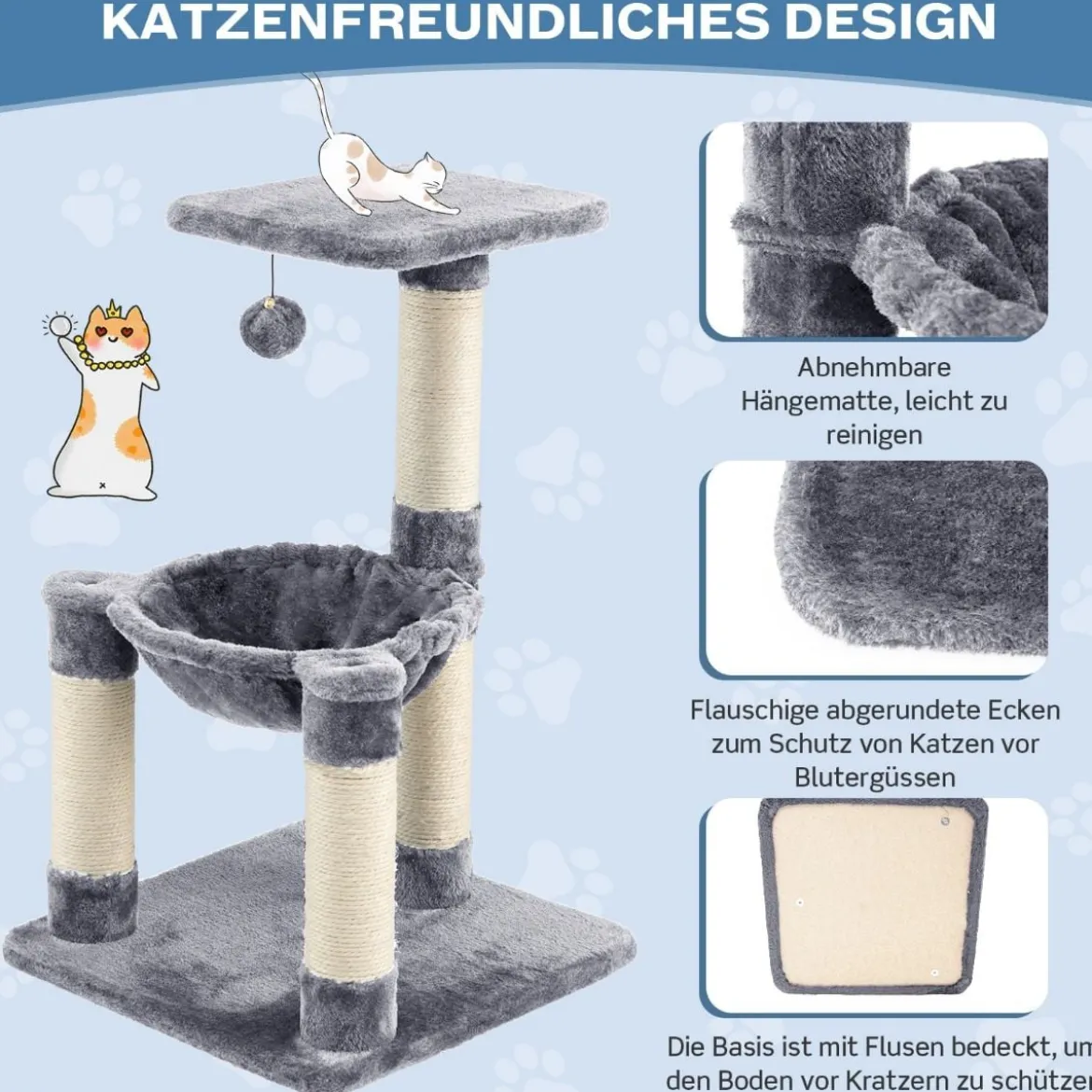 Mehrstöckiger Kratzbaum Weich Umwickelter Katzenbaum mit Gemütlicher Hängematte Grau