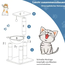 Mehrstöckiger Kratzbaum Weich Umwickelter Katzenbaum mit Gemütlicher Hängematte Grau