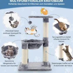 Mehrstöckiger Kratzbaum Weich Umwickelter Katzenbaum mit Gemütlicher Hängematte Grau