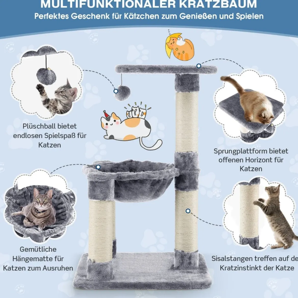 Mehrstöckiger Kratzbaum Weich Umwickelter Katzenbaum mit Gemütlicher Hängematte Grau