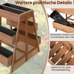 Mehrstufiges Hochbeet Blumenbeet Holz mit Lattenboden-Design & 6 Pflanzkästen Natur 126 x 90 x 115 cm