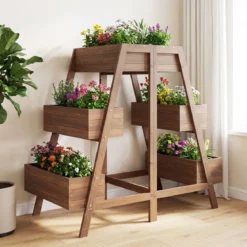 Mehrstufiges Hochbeet Blumenbeet Holz mit Lattenboden-Design & 6 Pflanzkästen Natur 126 x 90 x 115 cm
