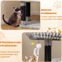 Mehrstufiges Katzenbaum 156 cm hoher Katzenturm mit 2 Höhlen 2 Liegebetten & Kratzpfosten Kratzbaum Hellgrau