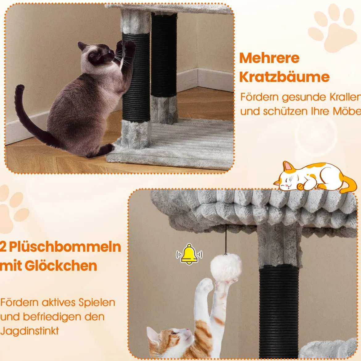 Mehrstufiges Katzenbaum 156 cm hoher Katzenturm mit 2 Höhlen 2 Liegebetten & Kratzpfosten Kratzbaum Hellgrau