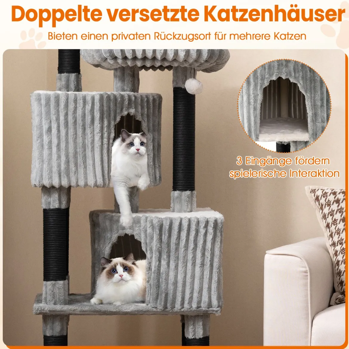 Mehrstufiges Katzenbaum 156 cm hoher Katzenturm mit 2 Höhlen 2 Liegebetten & Kratzpfosten Kratzbaum Hellgrau