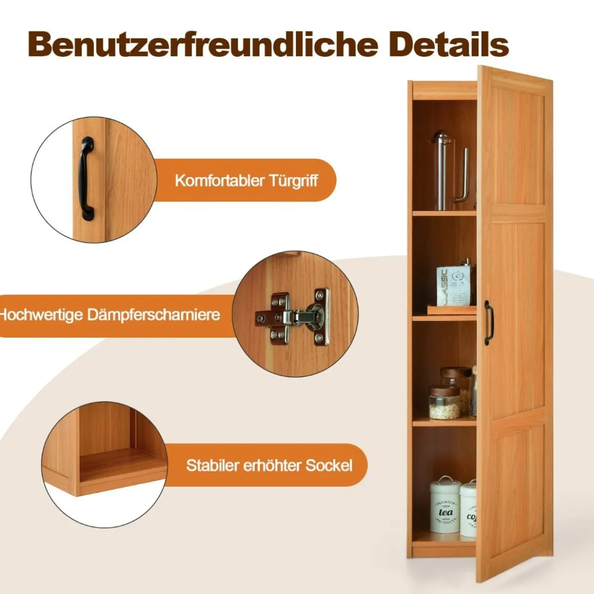 Mehrzweckschrank im Landhausstil Freistehender Hochschrank mit 4 Ablagefächern 45,5 x 36 x 153 cm Natur