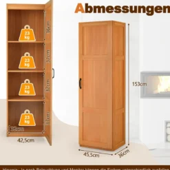 Mehrzweckschrank im Landhausstil Freistehender Hochschrank mit 4 Ablagefächern 45,5 x 36 x 153 cm Natur