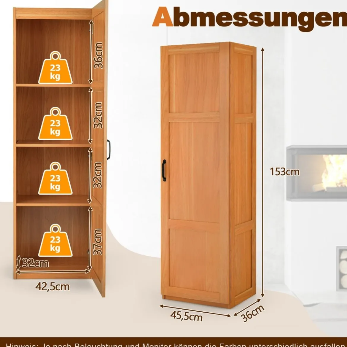 Mehrzweckschrank im Landhausstil Freistehender Hochschrank mit 4 Ablagefächern 45,5 x 36 x 153 cm Natur