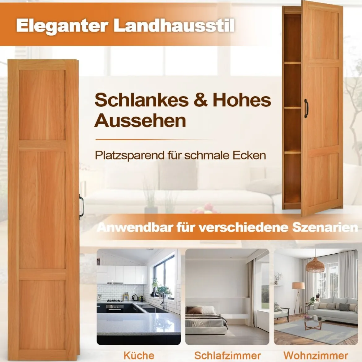 Mehrzweckschrank im Landhausstil Freistehender Hochschrank mit 4 Ablagefächern 45,5 x 36 x 153 cm Natur