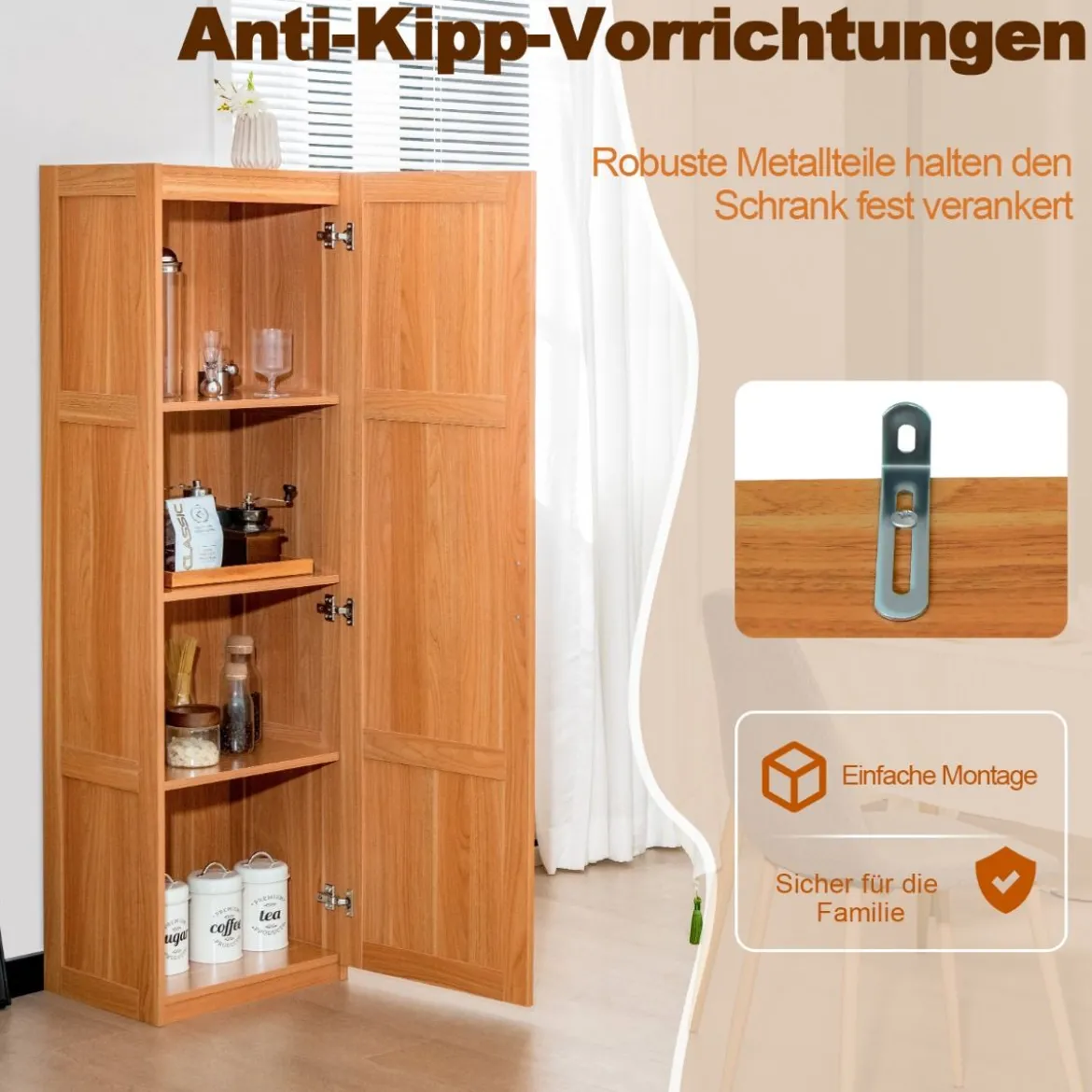 Mehrzweckschrank im Landhausstil Freistehender Hochschrank mit 4 Ablagefächern 45,5 x 36 x 153 cm Natur