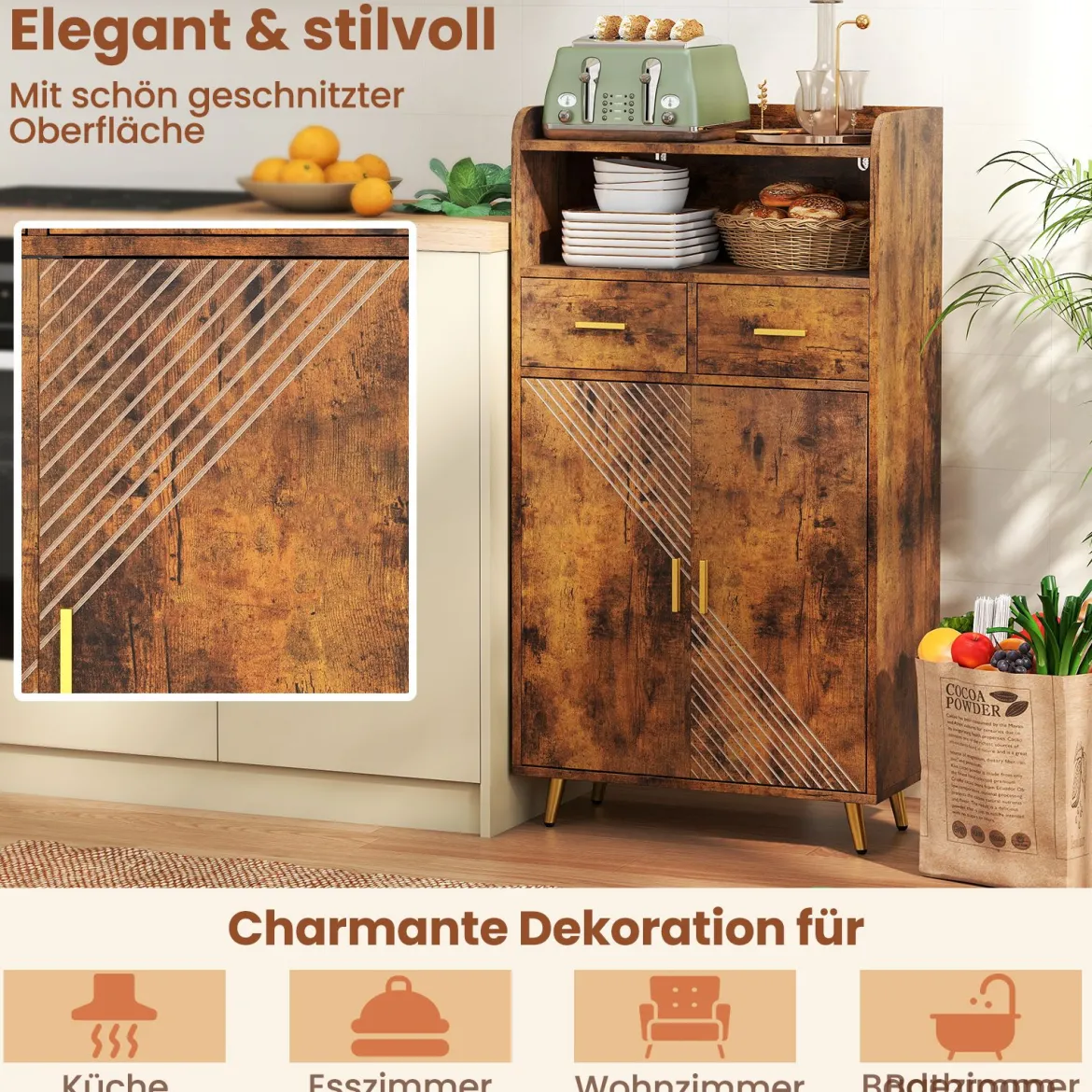 Mehrzweckschrank mit Doppeltür & 2 Schubladen & Einstellbarem Regal Küchenschrank Braun