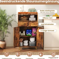 Mehrzweckschrank mit Doppeltür & 2 Schubladen & Einstellbarem Regal Küchenschrank Braun