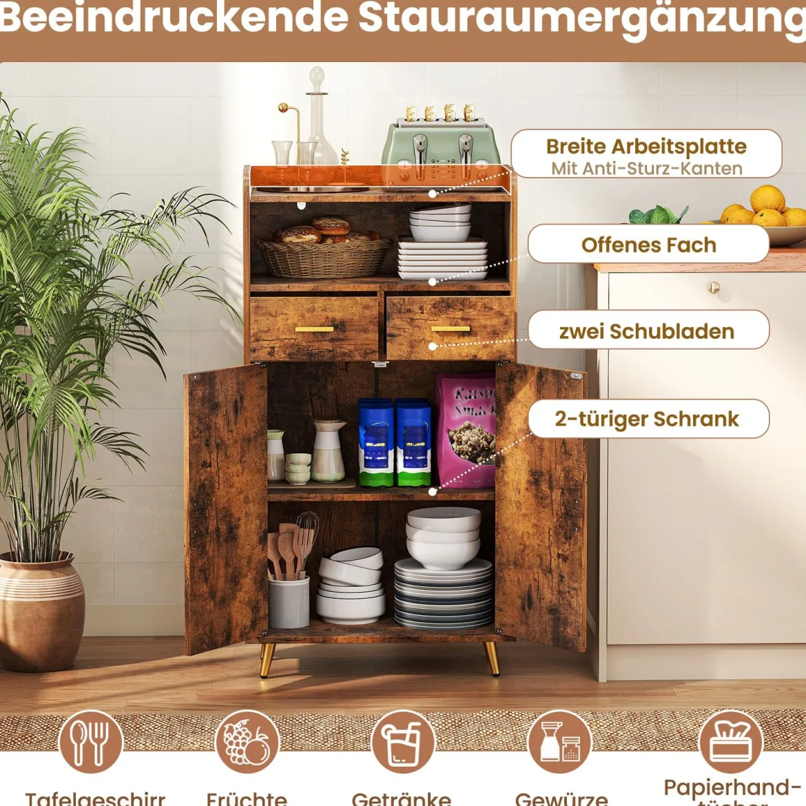Mehrzweckschrank mit Doppeltür & 2 Schubladen & Einstellbarem Regal Küchenschrank Braun