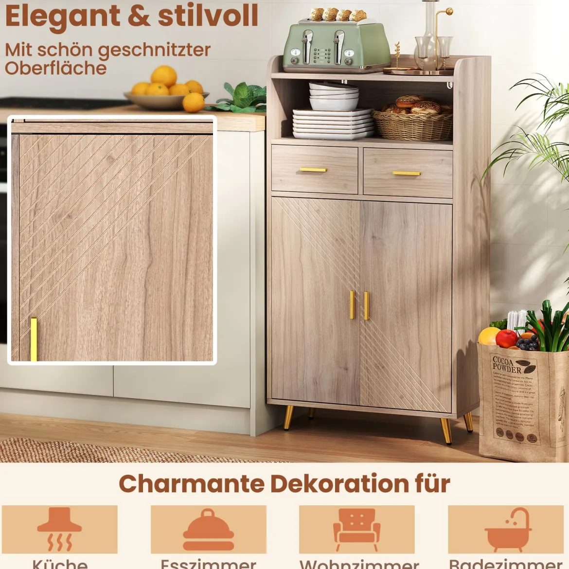Mehrzweckschrank mit Doppeltür & 2 Schubladen & Einstellbarem Regal Küchenschrank Grau