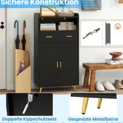 Mehrzweckschrank mit Doppeltür & 2 Schubladen & Einstellbarem Regal Küchenschrank Schwarz