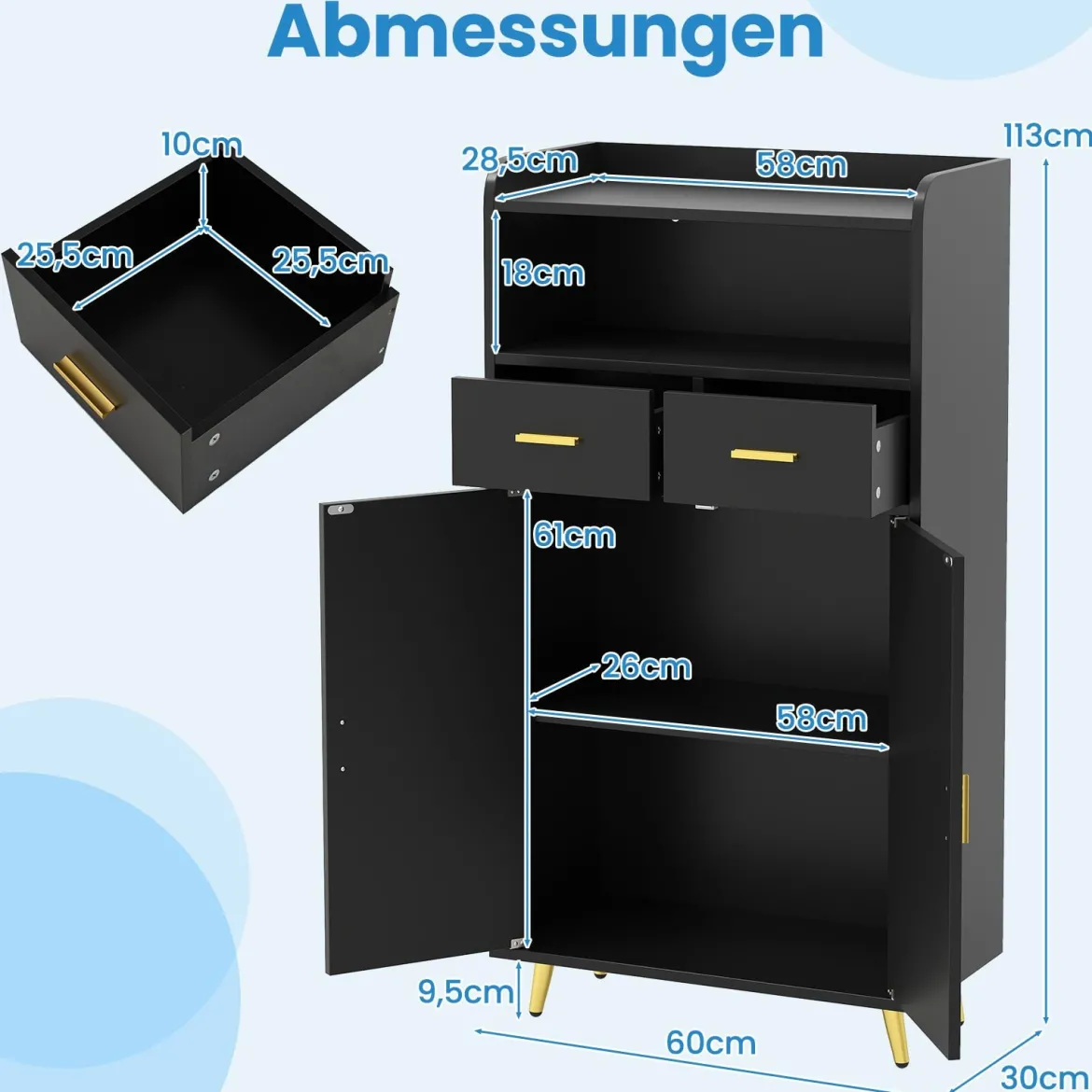 Mehrzweckschrank mit Doppeltür & 2 Schubladen & Einstellbarem Regal Küchenschrank Schwarz