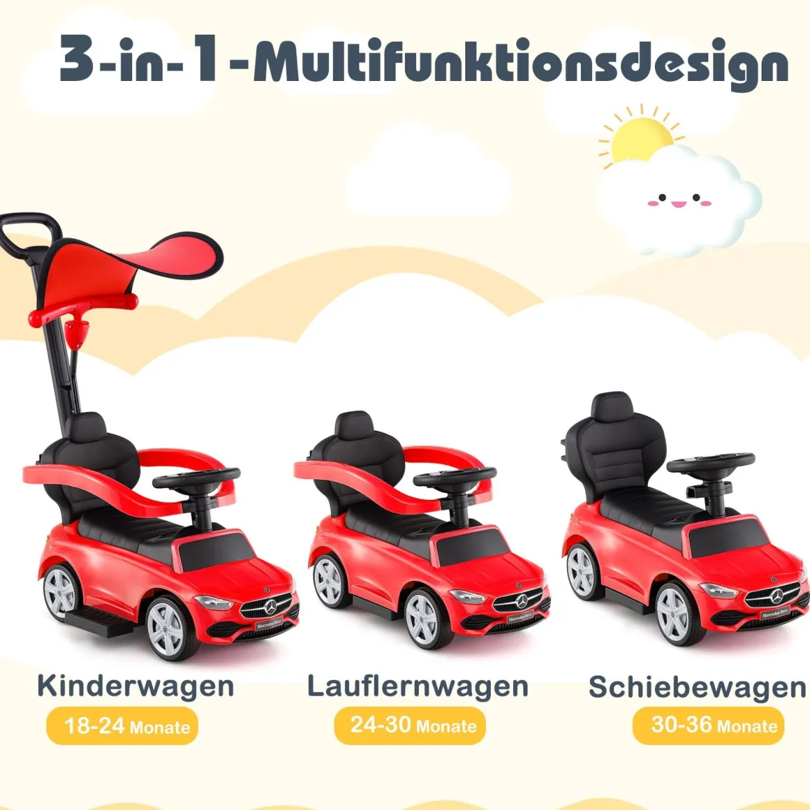 Mercedes-Benz Rutschauto 3-in-1 Rutschfahrzeug mit Schiebegriff Rutscher Auto für Kinder ab 1 Jahr Schwarz/Rosa/Weiß