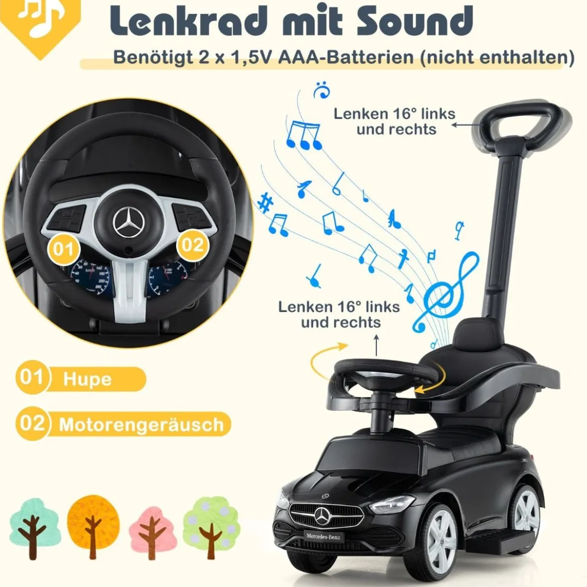 Mercedes-Benz Rutschauto 3-in-1 Rutschfahrzeug mit Schiebegriff Rutscher Auto für Kinder ab 1 Jahr Schwarz/Rosa/Weiß