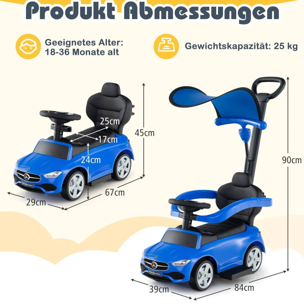 Mercedes-Benz Rutschauto 3-in-1 Rutschfahrzeug mit Schiebegriff Rutscher Auto für Kinder ab 1 Jahr Schwarz/Rosa/Weiß
