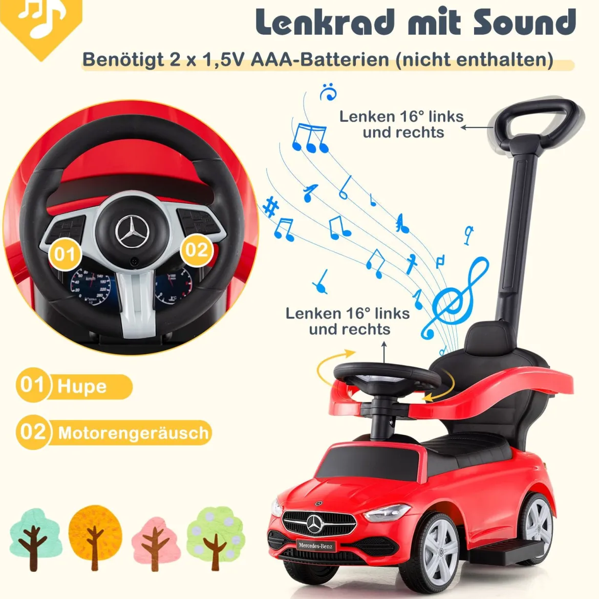 Mercedes-Benz Rutschauto 3-in-1 Rutschfahrzeug mit Schiebegriff Rutscher Auto für Kinder ab 1 Jahr Schwarz/Rosa/Weiß