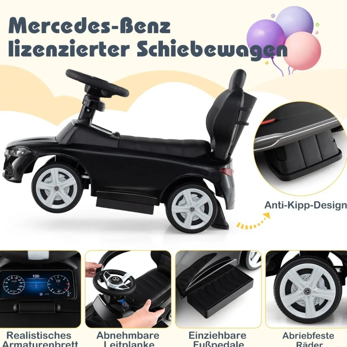 Mercedes-Benz Rutschauto 3-in-1 Rutschfahrzeug mit Schiebegriff Rutscher Auto für Kinder ab 1 Jahr Schwarz/Rosa/Weiß