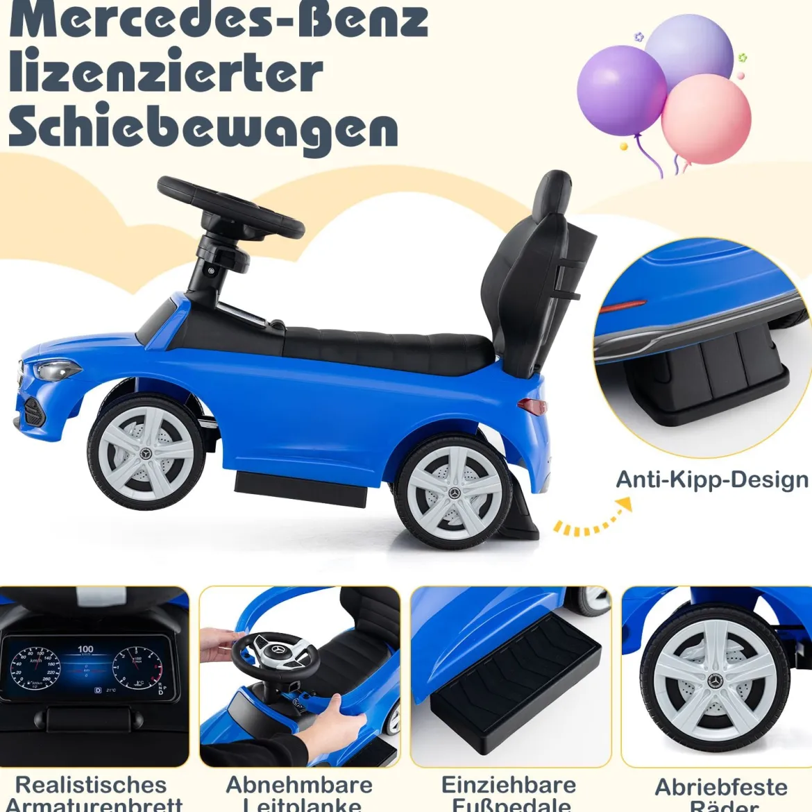 Mercedes-Benz Rutschauto 3-in-1 Rutschfahrzeug mit Schiebegriff Rutscher Auto für Kinder ab 1 Jahr Schwarz/Rosa/Weiß