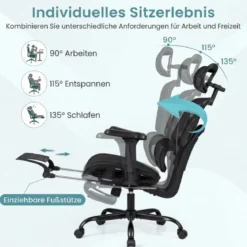 Mesh-Bürostuhl mit Fußstütze drehbarer & rollbarer Hochlehner-Schreibtischstuhl mit Lendenwirbelstütze Schwarz