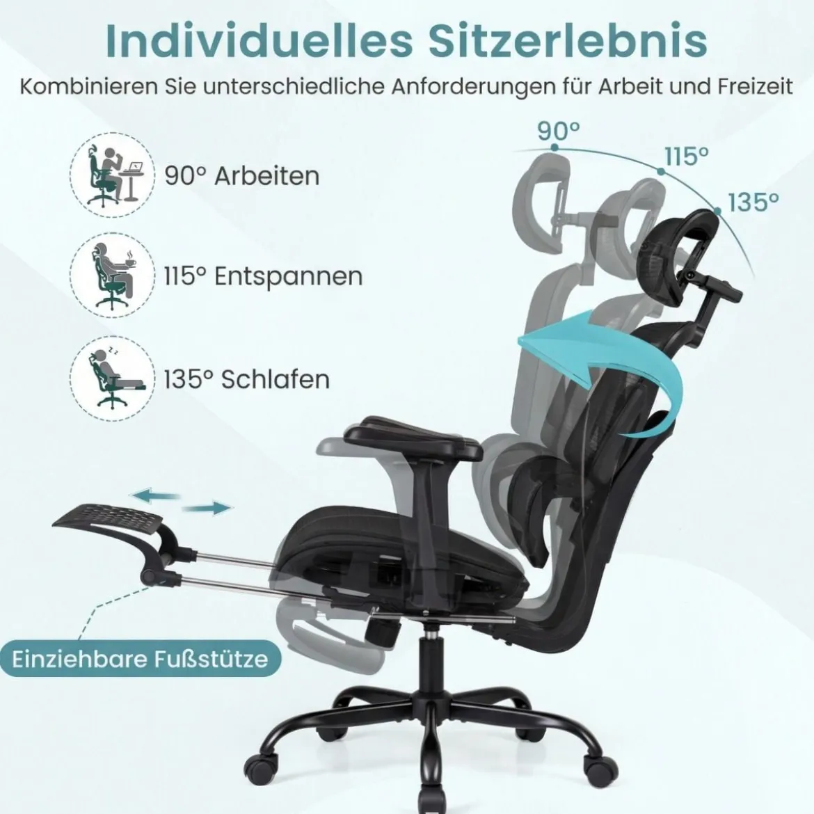 Mesh-Bürostuhl mit Fußstütze drehbarer & rollbarer Hochlehner-Schreibtischstuhl mit Lendenwirbelstütze Schwarz