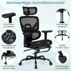 Mesh-Bürostuhl mit Fußstütze drehbarer & rollbarer Hochlehner-Schreibtischstuhl mit Lendenwirbelstütze Schwarz