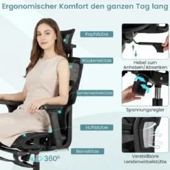 Mesh-Bürostuhl mit Fußstütze drehbarer & rollbarer Hochlehner-Schreibtischstuhl mit Lendenwirbelstütze Schwarz