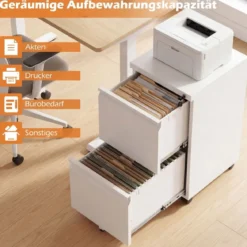 Metall Abschließbarer Rollcontainer mit 2 Schubladen & Hängeregistratur Aktenschrank Weiß
