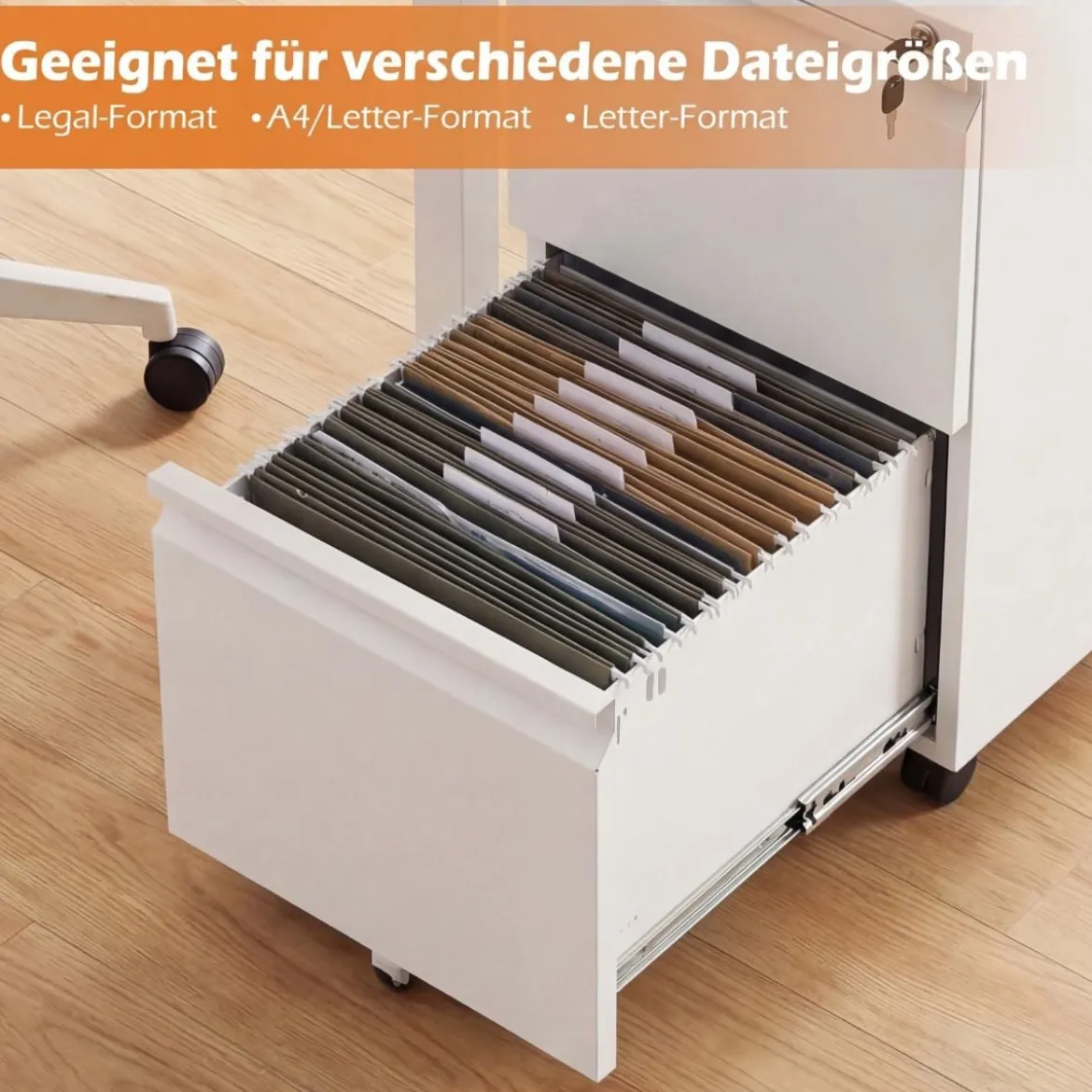 Metall Abschließbarer Rollcontainer mit 2 Schubladen & Hängeregistratur Aktenschrank Weiß