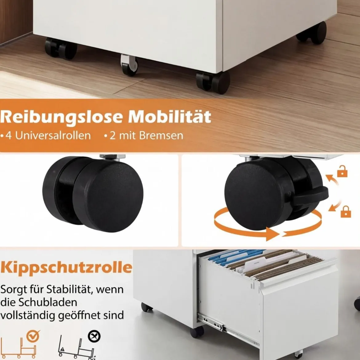 Metall Abschließbarer Rollcontainer mit 2 Schubladen & Hängeregistratur Aktenschrank Weiß