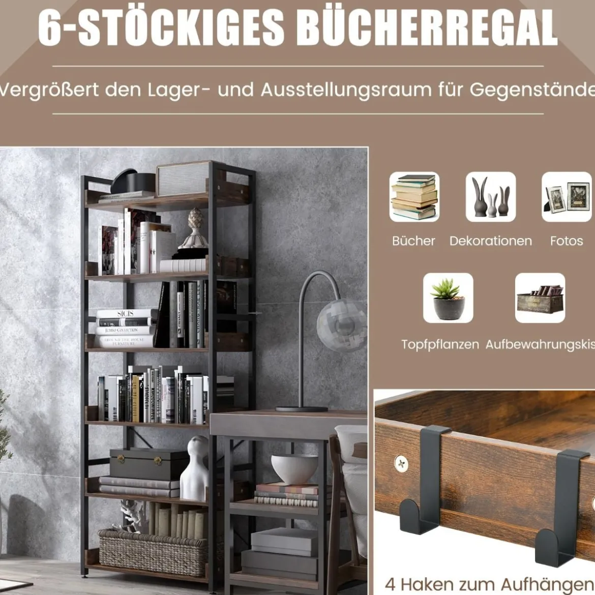 Metall Bücherregal mit 6 Ebenen & 4 Hacken Standregal Büroregal Industrie-Design Vintage
