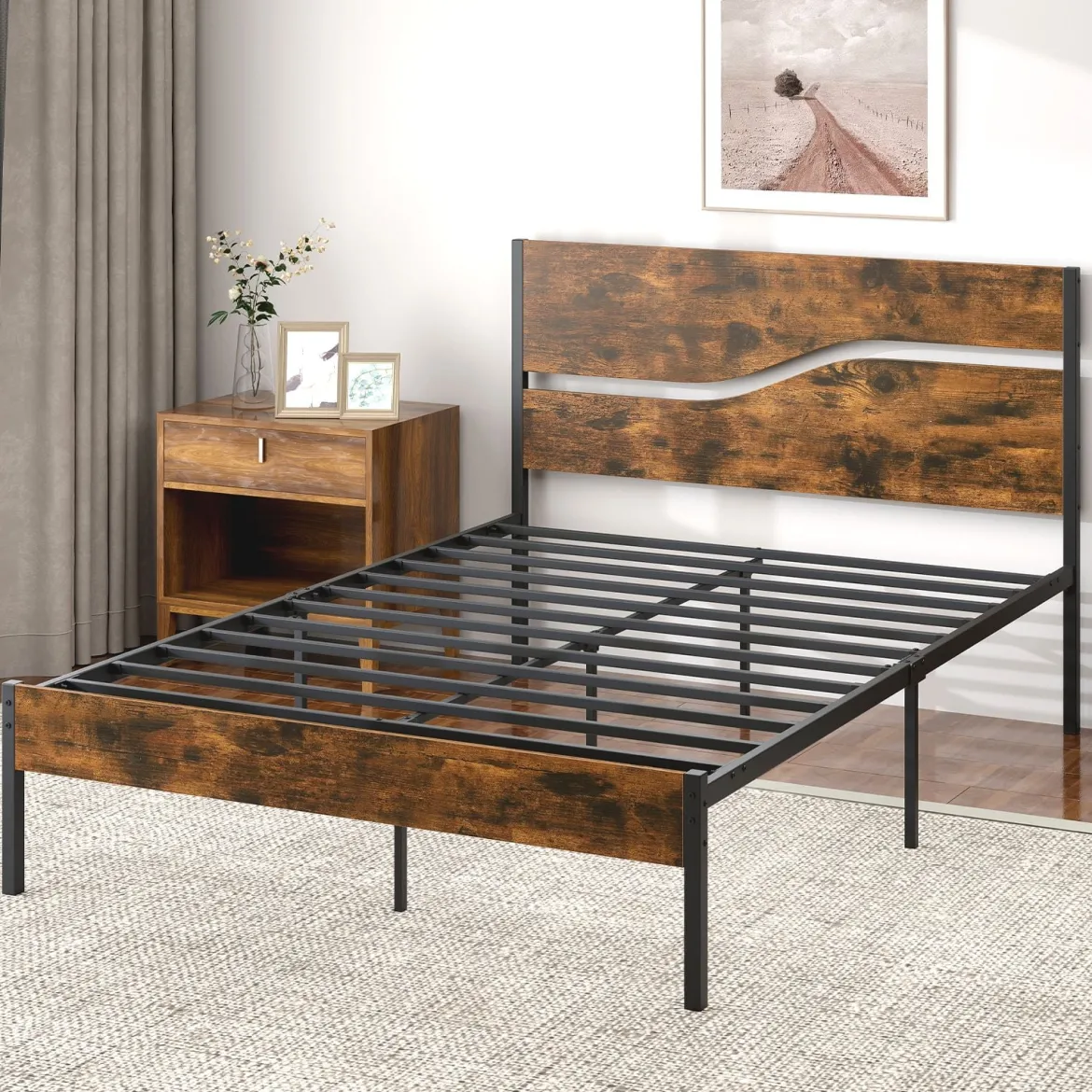 Metallbett Bettgestell für 200 x 140 cm Matratze industrielles Plattformbett mit Holzkopf- und Fußteil Rustikales Braun