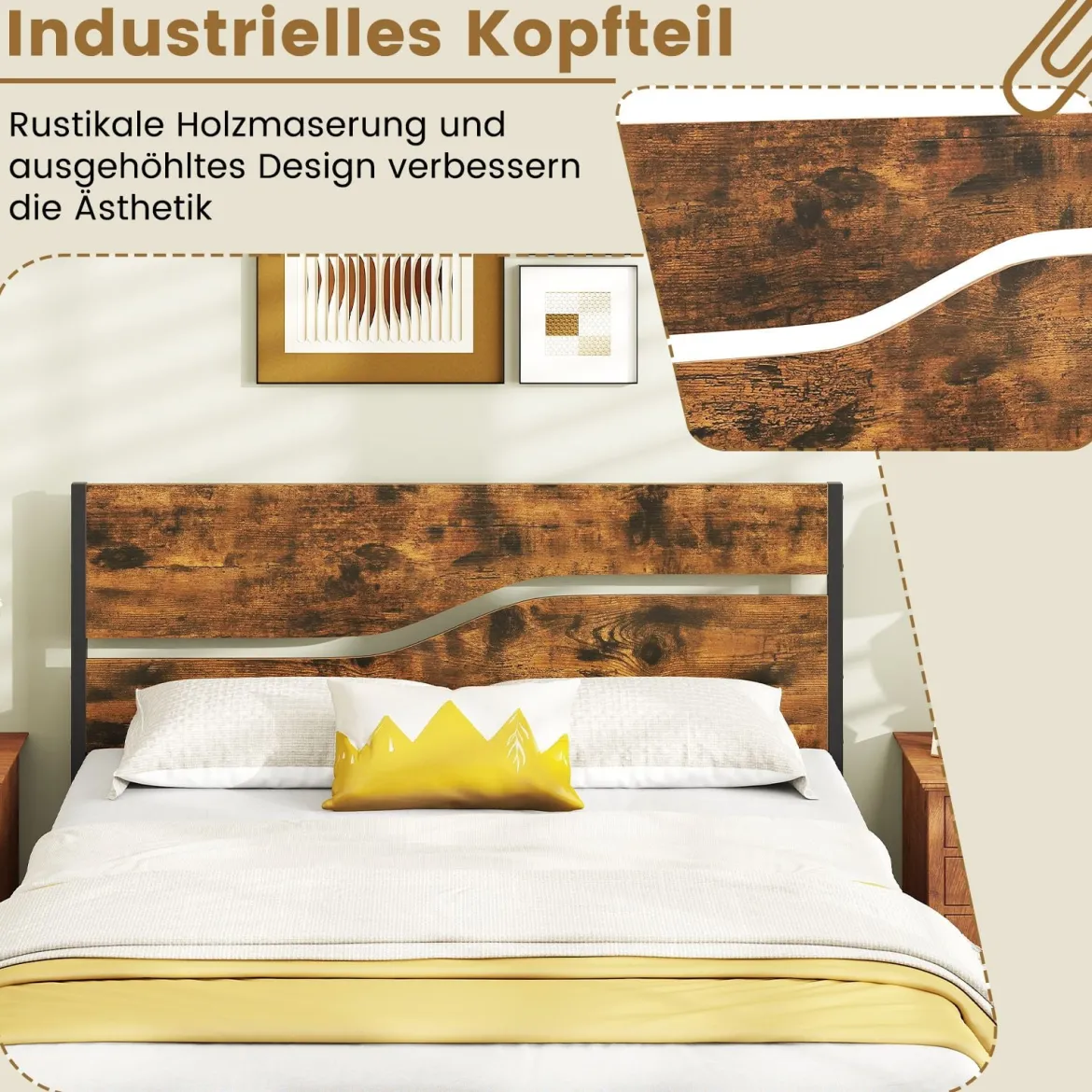 Metallbett Bettgestell für 200 x 140 cm Matratze industrielles Plattformbett mit Holzkopf- und Fußteil Rustikales Braun