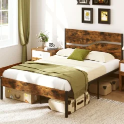 Metallbett Bettgestell für 200 x 140 cm Matratze industrielles Plattformbett mit Holzkopf- und Fußteil Rustikales Braun