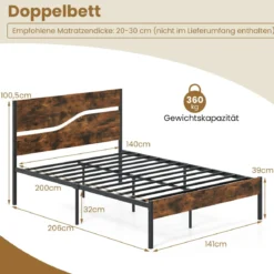 Metallbett Bettgestell für 200 x 140 cm Matratze industrielles Plattformbett mit Holzkopf- und Fußteil Rustikales Braun