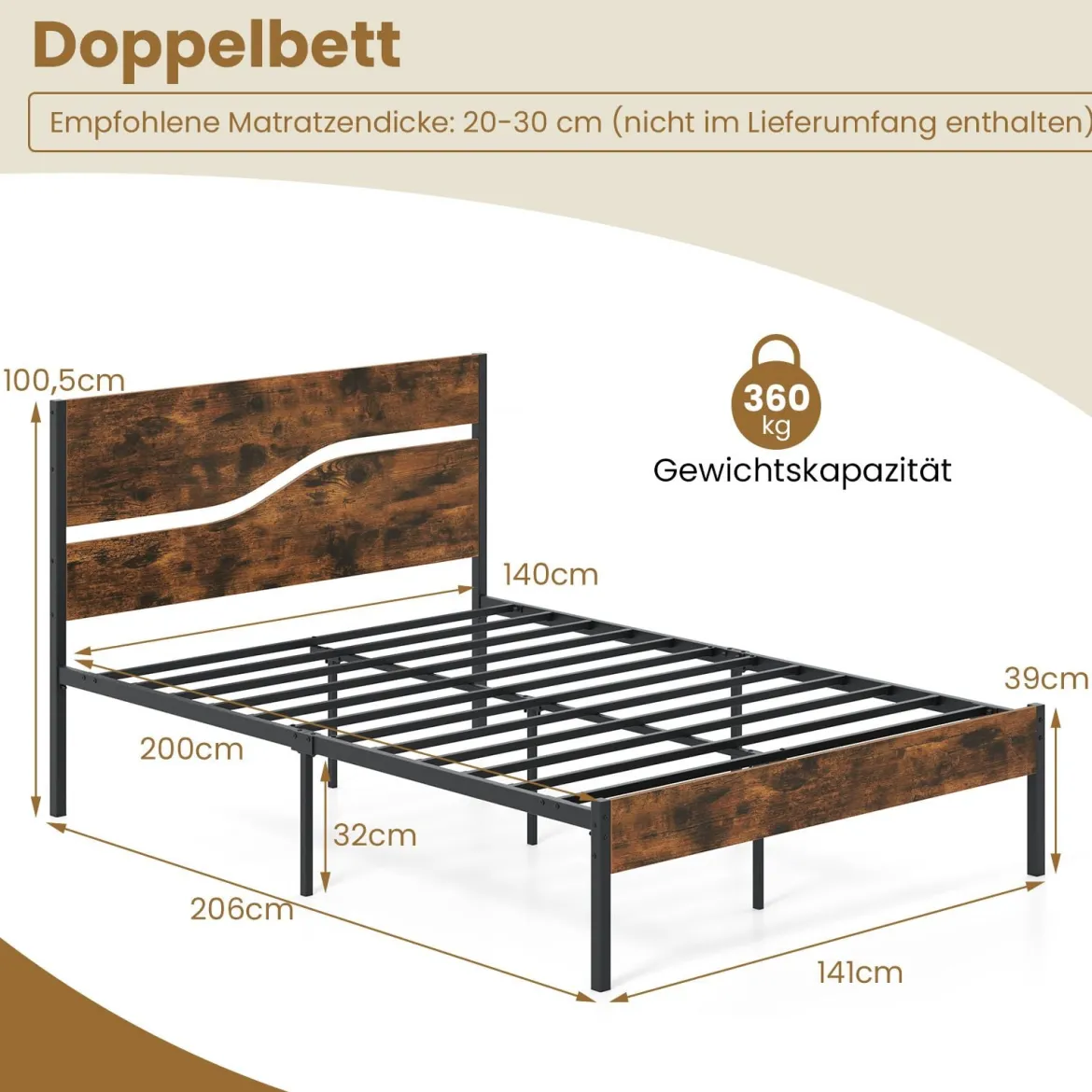 Metallbett Bettgestell für 200 x 140 cm Matratze industrielles Plattformbett mit Holzkopf- und Fußteil Rustikales Braun