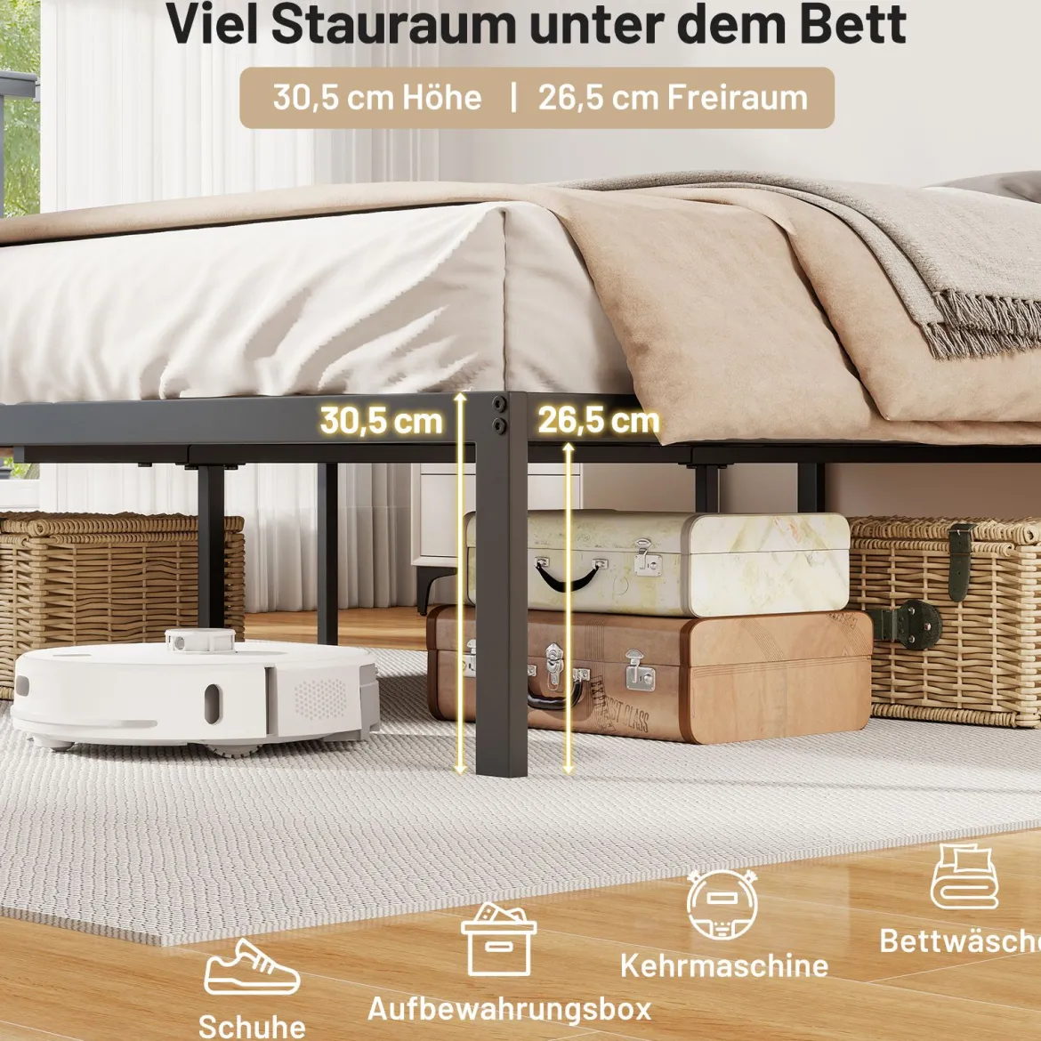 Metall-Bettgestell in Full Size Plattformbett für Matratze Stauraum unter dem Bett Schwarz