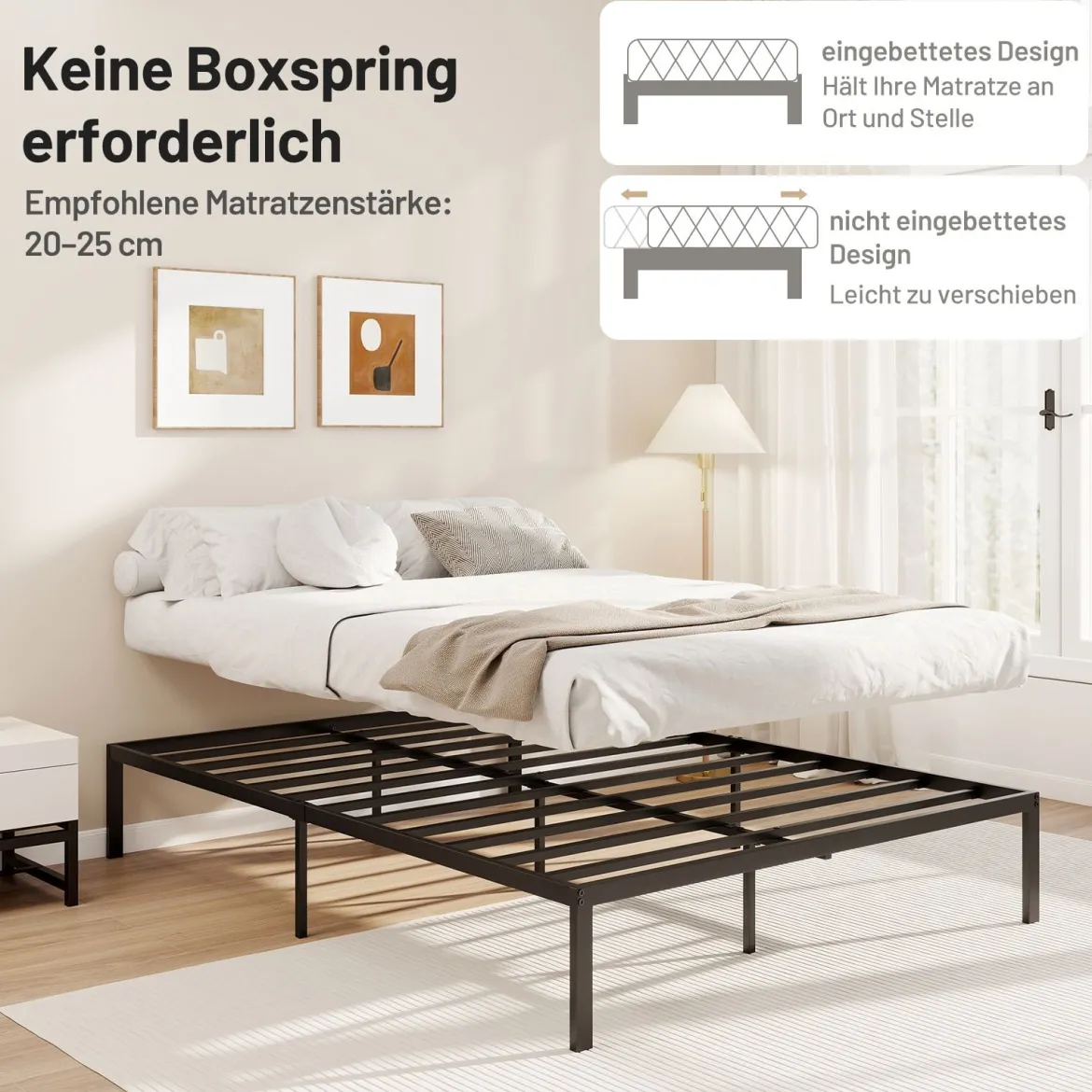 Metall-Bettgestell in Full Size Plattformbett für Matratze Stauraum unter dem Bett Schwarz