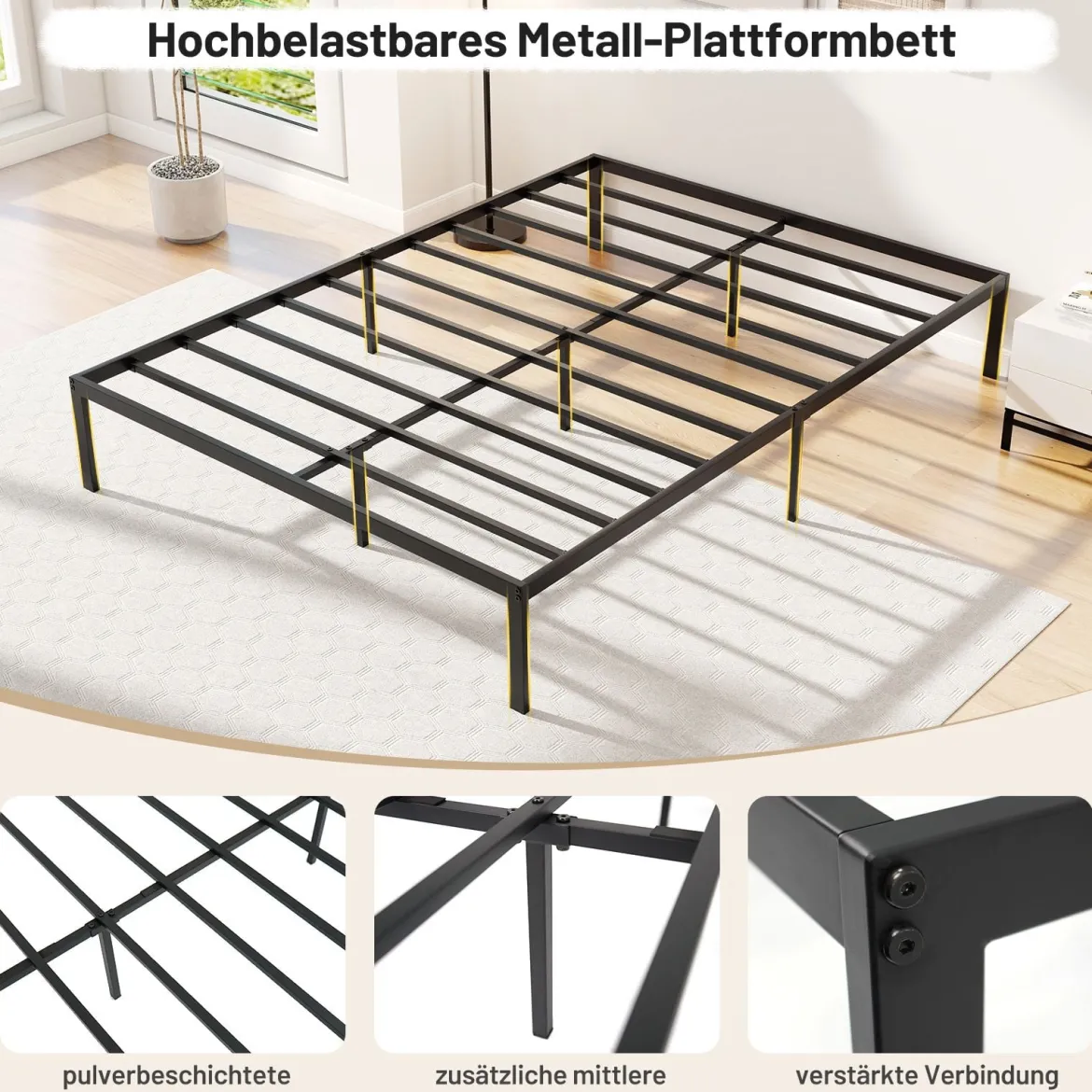 Metall-Bettgestell in Full Size Plattformbett für Matratze Stauraum unter dem Bett Schwarz