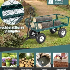 Metall Bollerwagen mit Abnehmbaren Seitenteilen & Griff & 25 cm Gummirädern Transportwagen