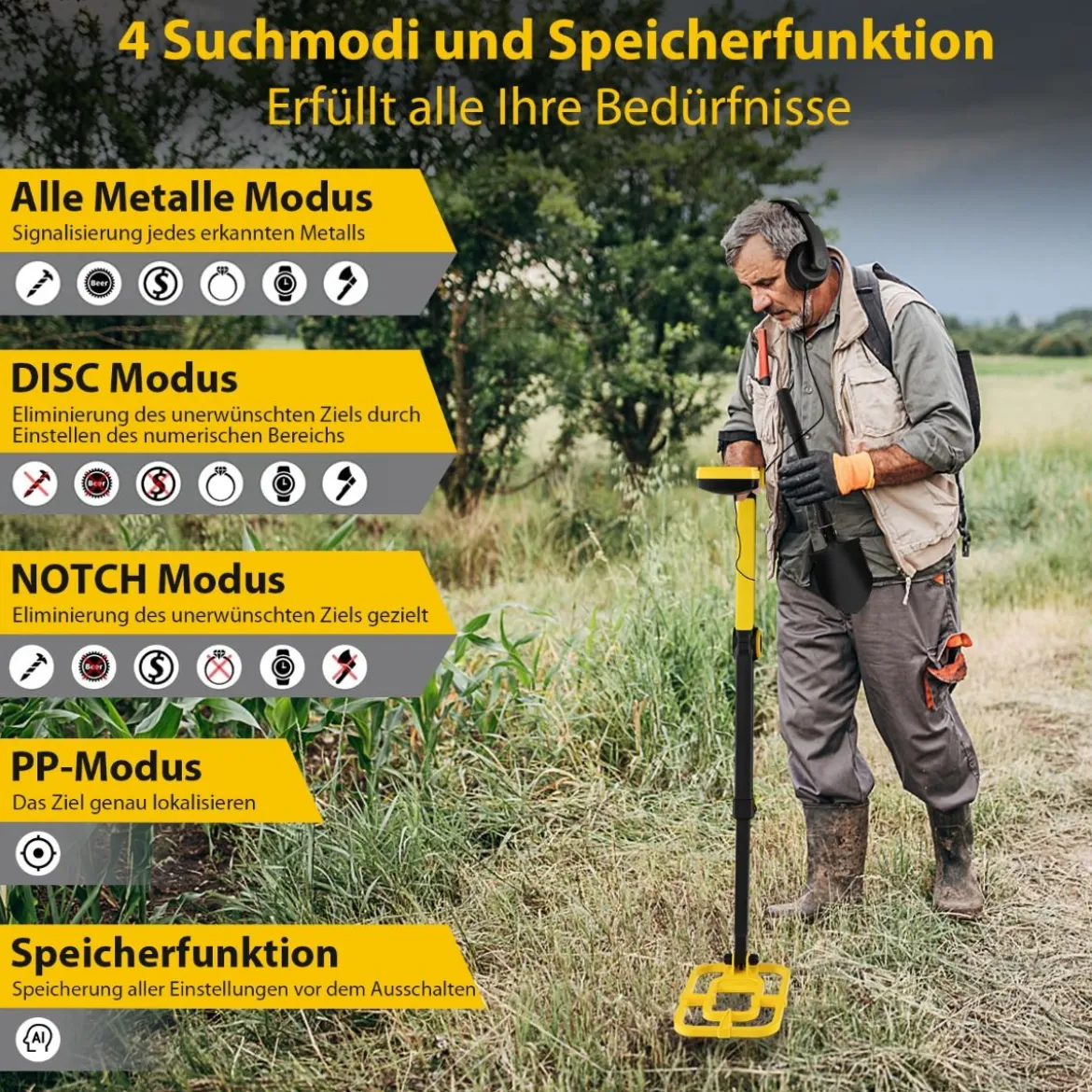 Metalldetektor 4 Modi Metallsuchgerät mit multifunktionellem Spaten Gelb + Schwarz