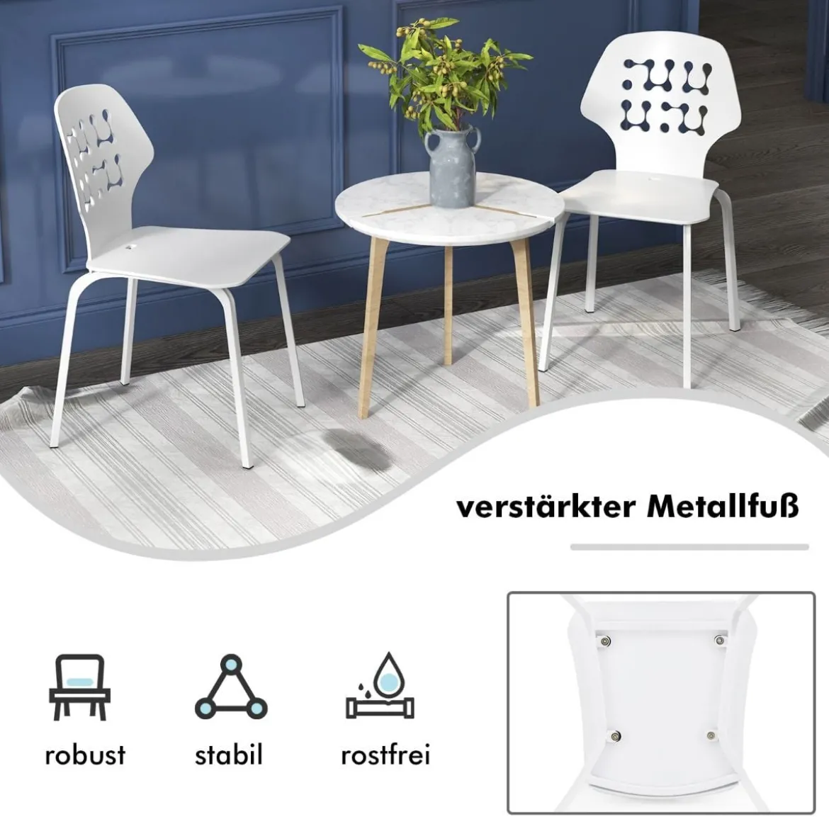 Metall Esszimmerstuhl Set von 4 Moderner Küchenstuhl mit durchbrochenem Rückenlehne Weiß