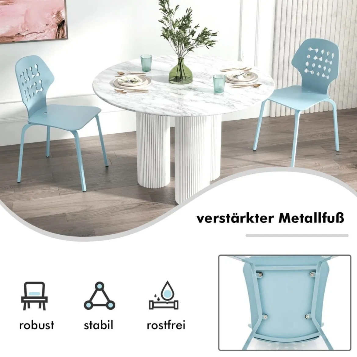 Metall Esszimmerstuhl Set von 4 Moderner Küchenstuhl mit durchbrochenem Rückenlehne Blau