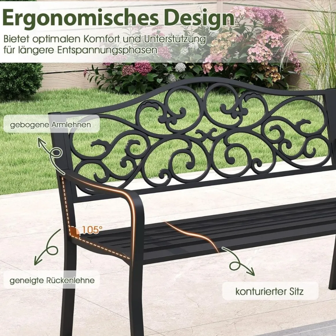 Metall Gartenbank für 2 Sitzer mit Rückenlehne & Armlehne Sitzbank Parkbank Eisenbank